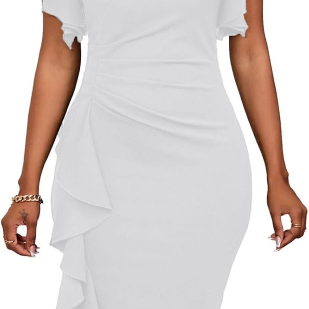 Summer Church Dress for Women V Neck Ruffle Short Sleeve Bodycon Work Midi Dress